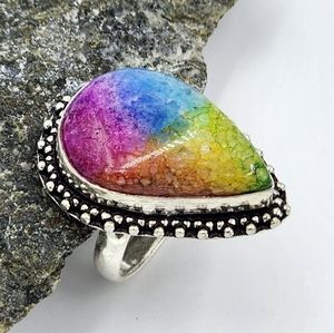 Rainbow Solar Quartz Ring Size 7 Hand Crafted 925 Sterling Silver Overlay